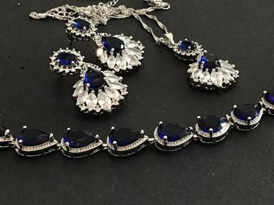 Beautiful Royal Blue Set Necklace Tennis Bracelet Earrings Marked