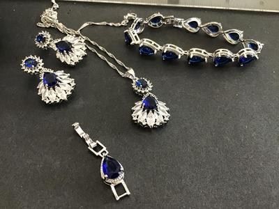 Beautiful Royal Blue Set Necklace Tennis Bracelet Earrings Marked