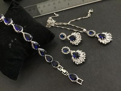 Beautiful Royal Blue Set Necklace Tennis Bracelet Earrings Marked