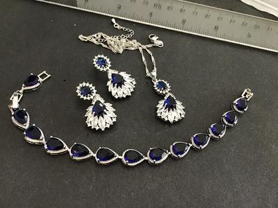Beautiful Royal Blue Set Necklace Tennis Bracelet Earrings Marked