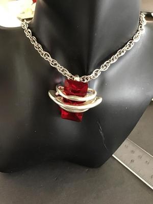 Red Glass Wrapped in Silver Large Statement Necklace.