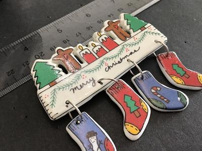 Ceramic Holiday Stocking Brooch