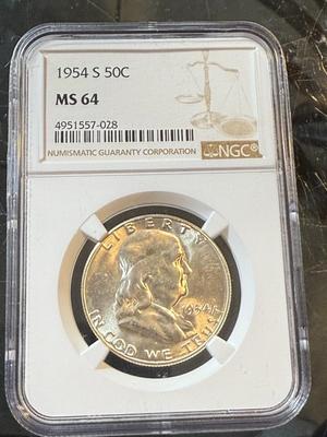NGC CERTIFIED 1954-S MS64 SILVER FRANKLIN HALF DOLLAR AS PICTURED.