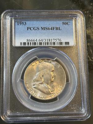 PCGS CERTIFIED 1953-P MS64 FBL FRANKLIN SILVER HALF DOLLAR AS PICTURED.