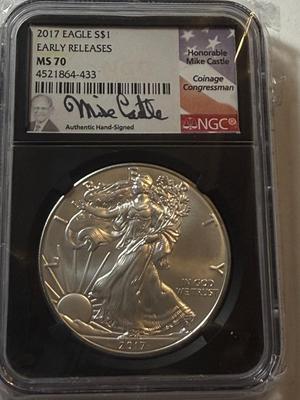 NGC CERTIFIED 2017 MS70 SILVER EAGLE DOLLAR 1-OUNCE COIN MIKE CASTLE SIGNED AS PICTURED.