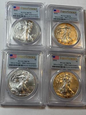 (4) PCGS CERTIFIED FIRST STRIKE 2016 MS70 VERY LIGHTLY TONED RIMS SILVER EAGLE DOLLARS 1-OUNCE 30TH ANNIVERSARY