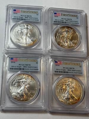 (4) PCGS CERTIFIED FIRST STRIKE 2016 MS70 VERY LIGHTLY TONED RIMS SILVER EAGLE DOLLARS 1-OUNCE 30TH ANNIVERSARY