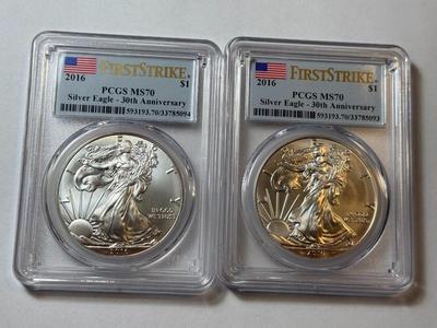 (2) PCGS CERTIFIED FIRST STRIKE 2016 MS70 VERY LIGHTLY TONED RIMS SILVER EAGLE DOLLARS 1-OUNCE 30TH ANNIVERSARY...