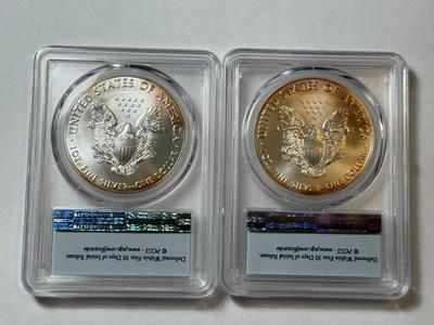 (2) PCGS CERTIFIED FIRST STRIKE 2016 MS70 VERY LIGHTLY TONED RIMS SILVER EAGLE DOLLARS 1-OUNCE 30TH ANNIVERSARY...
