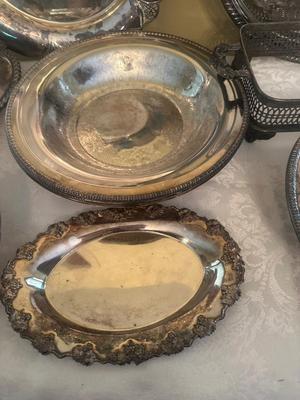 Assortment of Silver-Plated Serving Trays and Dishes