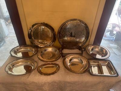 Assortment of Silver-Plated Serving Trays and Dishes