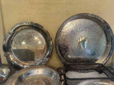 Assortment of Silver-Plated Serving Trays and Dishes