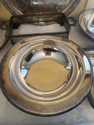 Assortment of Silver-Plated Serving Trays and Dishes