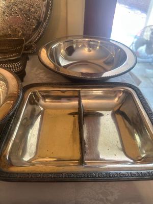 Assortment of Silver-Plated Serving Trays and Dishes
