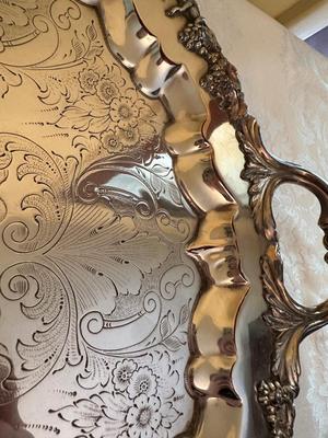 Ornate Silver-Plated Serving Tray with Handles