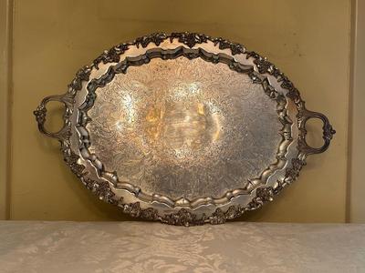 Ornate Silver-Plated Serving Tray with Handles