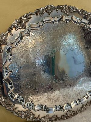 Ornate Silver-Plated Serving Tray with Handles