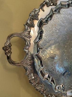 Ornate Silver-Plated Serving Tray with Handles