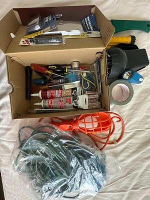 Misc Box of Extension Cords, Tools, Flashlights, Etc. (G)