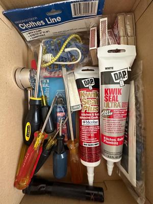 Misc Box of Extension Cords, Tools, Flashlights, Etc. (G)