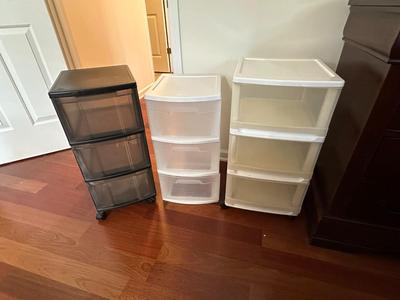 3 Plastic Three Drawer Storage Units, 2 on Wheels (B1)