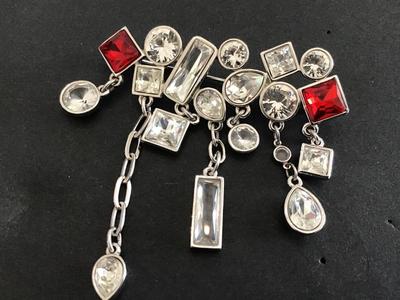 Unique Large Swarovski Swan Signed Silvertone Crystal Clear and Red Brooch