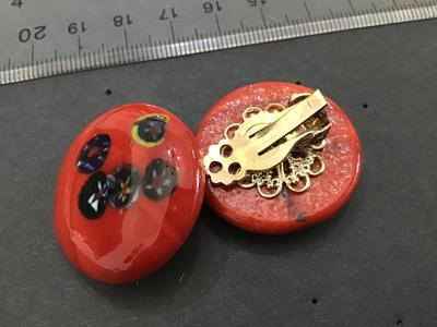 Millefiori Style Orange Glass Clip on Earrings