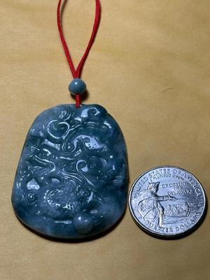 Vintage Large Carved Jade/Jadeite Dragon Pendant on a Red Rope Cord as Pictured.
