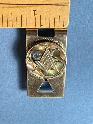 Vintage Sterling Silver Abalone Masonic Money Clip Made by Taxco Mexico in VG Preowned Condition.