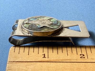 Vintage Sterling Silver Abalone Masonic Money Clip Made by Taxco Mexico in VG Preowned Condition.