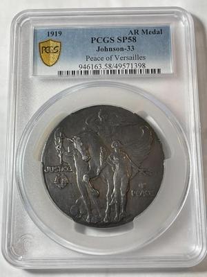 PCGS Certified 1919 AR Medal Johnson-33 Peace of Versailles Silver Medal #58/113 Made Population-1