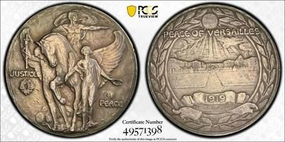 PCGS Certified 1919 AR Medal Johnson-33 Peace of Versailles Silver Medal #58/113 Made Population-1