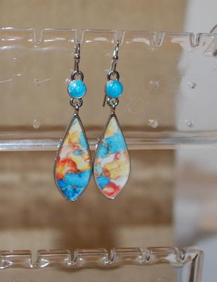 Very Colorful Long Pear-Shaped & Blue Globe Earrings Set (1½" x ¾")