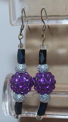 Vintage PURPLE "Grape Style" Earrings (2") with Black & Silver Colored Beads and Wire Hook Clasp