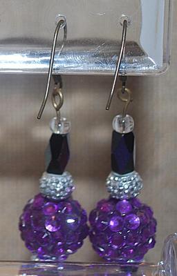Vintage PURPLE "Grape Style" Earrings (2") with Black & Silver Colored Beads and Wire Hook Clasp