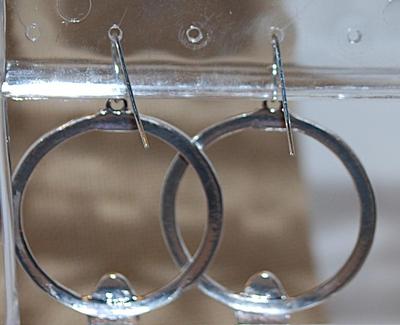 Pear Shape Blue & White Stone Earrings Set (Circ.1½") on a Graphic Designed Silver Tone Hoop and Wire Hook Clasp