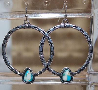 Pear Shape Blue & White Stone Earrings Set (Circ.1½") on a Graphic Designed Silver Tone Hoop and Wire Hook Clasp