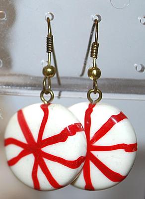 Vintage RED & WHITE PEPPERMINT EARRINGS Pair (¾" Diam.) with a Wire Hook Clasp