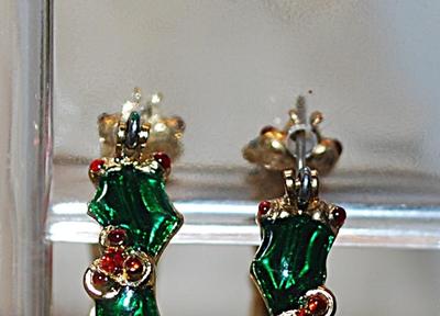 Vintage HOLLY SPRIG & Triple RED Stones EARRINGS Pair (1¼" Diam.) with Gold Tone Setting and Hoop Clasp