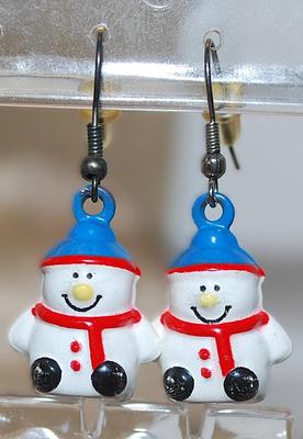 Vintage BLUE HAT SNOWMAN EARRINGS Pair (1" x ¾") with a Yellow Nose & Red Scarf on a Wire Hook Clasp
