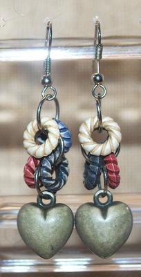 Vintage Style Dangle Puffy HEART Earrings (1¾") with Colored Circles and Wire Hook Clasp