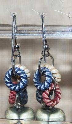 Vintage Style Dangle Puffy HEART Earrings (1¾") with Colored Circles and Wire Hook Clasp