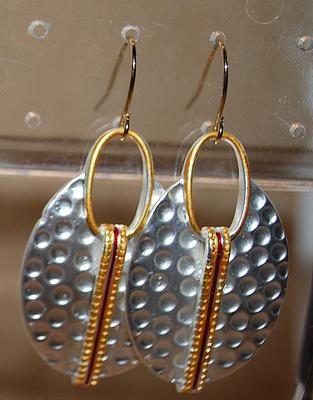 Dimpled Silver Colored Long Oval Earrings (1½") with Vertical Gold Tone Stripe and Wire Hook Clasp