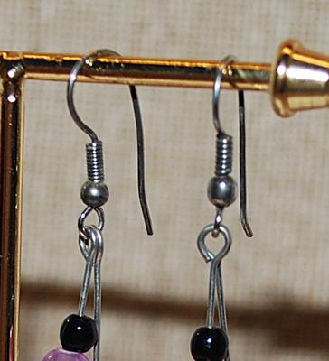 VINTAGE 1980's BLACK & PURPLE Dangle Earrings (2¼") with Curved Silver Tone "Leaves" & Wire Hook Clasp