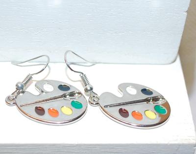 Artist Palette Style Earrings (1" x ¾") with Hook Clasp and Silver Tone Base