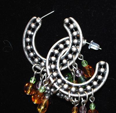 Horseshoe Shape Post Earrings Pair with Colored Bead Dangles 2¼" Diameter