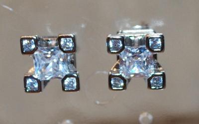 4 Squared Corners with Clear Cushion Cut Center Stone Post Earrings Set ¼" x ¼"