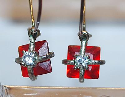 Vintage RED Wrapped Holiday Presents EARRINGS Pair (1¾" Diam.) with a Single Stone and Silver Colored Ribbon on a Hoop Style Clasp