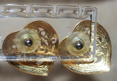 Vintage Gold Colored Grill HEART Earrings Set (1") with Amber & Black Edge and a Stud Style Clasp