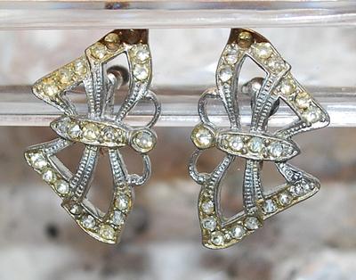 VINTAGE 1930's or 1940's Bejeweled BUTTERFLY EARRINGS (1¼" x ¾") with a Screw Style Clasp